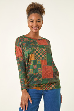 Roman Green Patchwork Print Snit Top