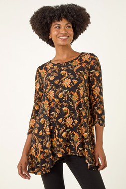 Roman Orange Floral Print Hanky Hem Stretch Top