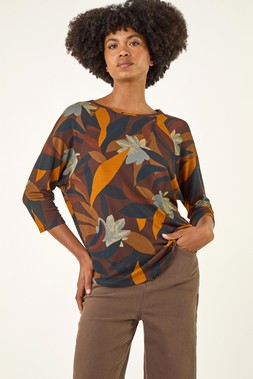 Roman Rust Floral Print Curved Hem Top