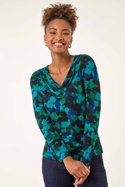 Roman Green Printed V-Neck Stretch Top