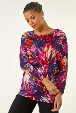 Roman Navy Floral Print Bubble Hem Stretch Top
