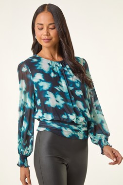 Roman Petite Teal Mesh Blouson Top