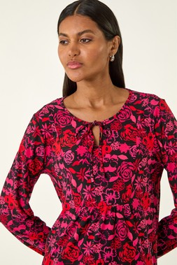 Roman Floral Tie Neck Top