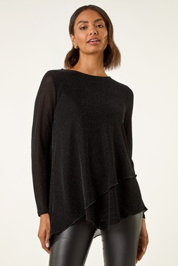 Roman Black Shimmer Asymmetric Layered Top