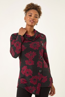 Roman Red Cowl Neck Buttoned Top