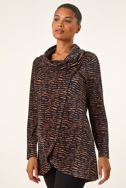 Roman Tan Chenille Cowl Neck Tunic Top