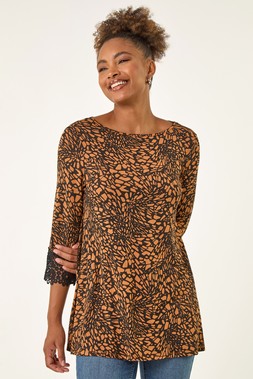 Roman Ochre Lace Cuff Printed Stretch Top