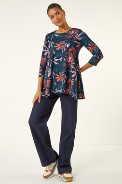 Roman Blue Floral Hanky Hem Stretch Top