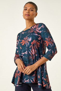 Blue Floral Hanky Hem Stretch Top