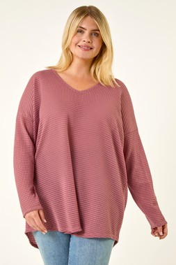 Roman Curve Pink Textured V-Neck Stretch Top