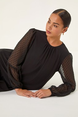 Roman Petite Black Contrast Dobby Stretch Top