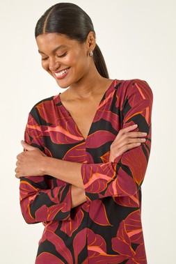 Roman Red Floral V-Neck Stretch Top