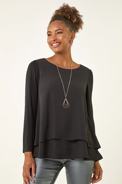 Roman Black Chiffon Overlay Necklace Top