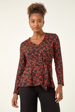 Roman Orange Textured Crepe Tie Waist Top