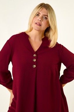 Roman Curve Wine Textured Buttoned Tunic Top