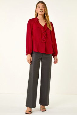 Roman Red Satin Ruffle Neck Blouse