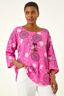 Roman Pink Floral Embroidered Cotton Top with Necklace