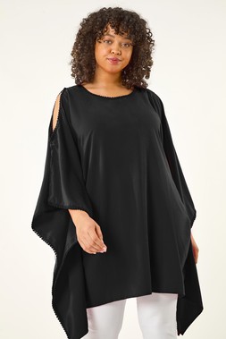 Roman Curve Black Bobble Trim Hanky Hem Top