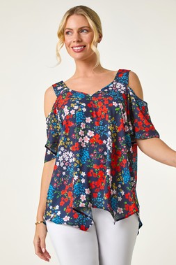 Roman Petite Navy Floral Cold Shoulder Top