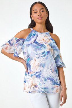 Roman Petite Blue Floral Print Cold Shoulder Top