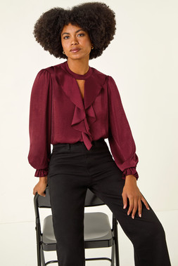 Roman Wine Ruffle Front Keyhole Satin Top