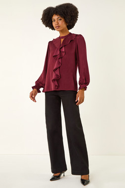 Roman Wine Ruffle Front Keyhole Satin Top
