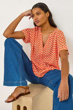 Roman Orange Abstract Print Tunic Top
