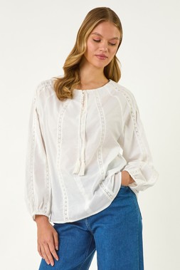 Roman Ivory Lace Trim Tie V-Neck Top
