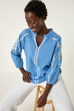 Roman Denim Embroidered Sleeve V-Neck Top