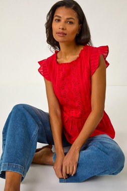 Roman Red Broderie Anglais Frill Sleeve Top