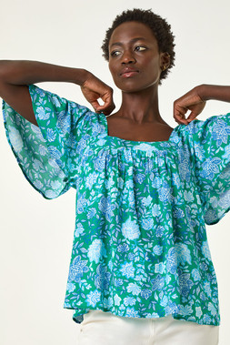 Roman Blue Floral Print Square Neck Top