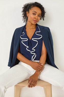 Roman Petite Navy Contrast V-Neck Frill Front Top