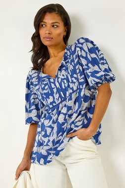 Roman Leaf Print Tie Neck Pleated Top