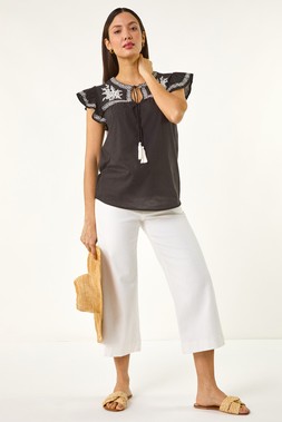 Roman Embroidered Tie Front Top