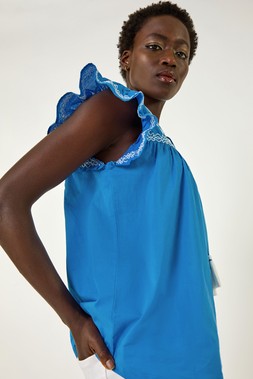 Roman Blue Embroidered Tie Front Top