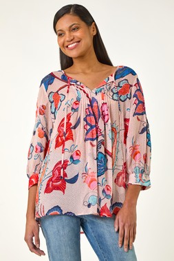 Roman Floral Print Tie Front Top