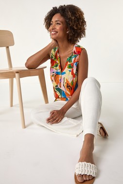 Roman Multi Abstract Print V-Neck Button Top