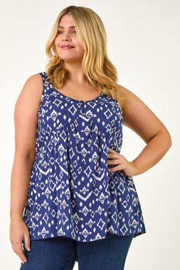 Roman Curve Navy Ikat Print Woven Vest Top