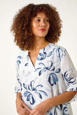 Roman Blue Floral Print Wrapped Hem Top