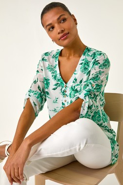 Roman Green Floral Print V-Neck Button Front Top