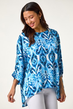 Roman Blue Ikat Print Tunic Top