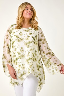 Roman Curve Green Floral Print Overlay Top