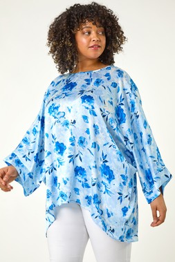Roman Curve Blue Floral Print Tunic Top