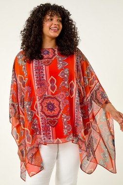 Roman Curve Ikat Paisley Asymmetric Overlay Top