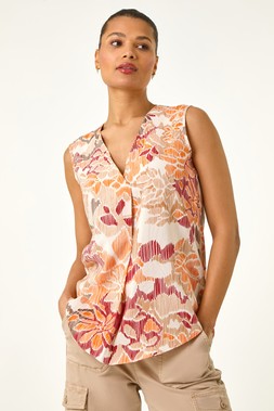 Roman Orange Floral Print V-Neck Vest Top