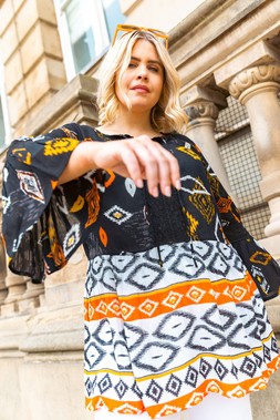 Roman Curve Orange Ikat Print Woven Top