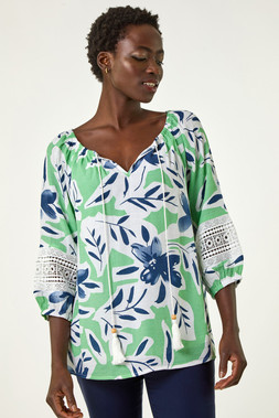 Roman Pale Green Floral Print Tie Front Top