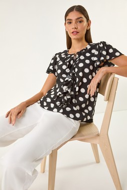 Roman Spot Print Ruffle Tie Front Top