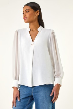 Roman Chiffon Sleeve V-Neck Pleated Top