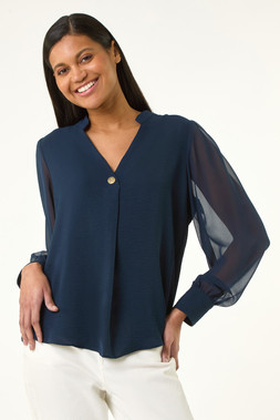 Roman Chiffon Sleeve V-Neck Pleated Top
